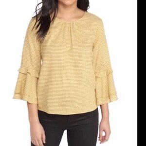 Good Luck Gem women's XL gingham print bell ruffle sleeve button back top EUC